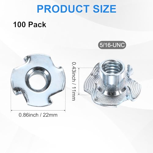 M METERXITY 100-Pack 5/16-UNC T-nut, 3/8" Barrel Length Carbon Steel 4-Pronged Tee Nut Threaded Insert for Wood/Rock Climbing Holds/Furniture, Corrosion Resistant Fasteners - size: 5/16-UNC, 3/8" Barrel Length