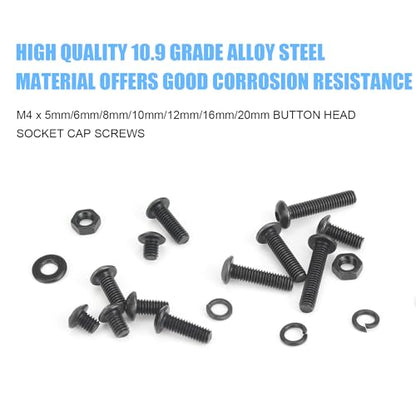DYWISHKEY 386 Pieces M4 Black Screws, 10.9 Grade Alloy Steel M4x 5/6 /8/10 /12/16 /20mm Button Head Socket Cap Screws Bolts Nuts Washers Assortment Kit - size: M4, style: Button Head Socket Cap