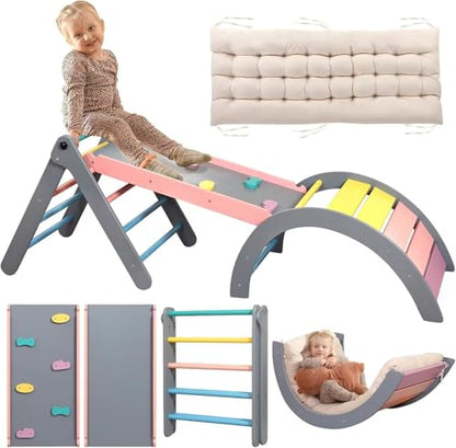 Pikler Triangle Set with Cushion, 7 in 1 Toddler Climbing Toys Indoor | Foldable Space-saving Design, Montessori-inspired Learning, Reversible Slide & Ramp, ASTM F963 Standards for Toddlers 18M-5Y - color: Rainbow With Blue