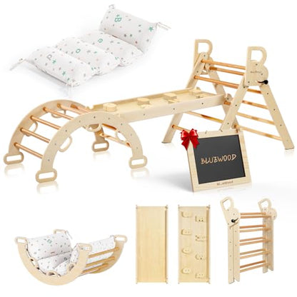 BlueWood Pikler Triangle Set, Foldable Wooden Toddler Climbing Toys Indoor Playground Jungle Gym Montessori Philosophy Climber for 2-6 Years Old, Baby, Kids (Natural Wood, with Cushion) - color: Natural
