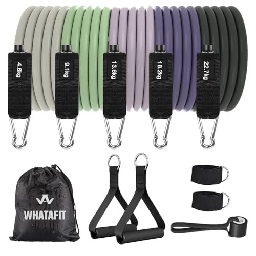 WHATAFIT Resistance Bands with Handles, 5-Level Exercise Bands for Workout | Natural latex,10-50 lbs, stackable to 150,Ankle Straps, Door Anchor,Guide. For Strength, Yoga,Home Gym,Travel & Workout. - color: Purple Grey