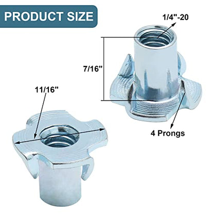 1/4"-20 T-Nuts, 1/4"-20 x 9/16", 50 Pack | Four Pronged Tee Nut, For Wood, Rock, Climbing Holds, Cabinetry - size: M6 x 14mm