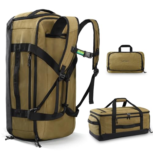 Haimont 60L Foldable Travel Duffel Backpack, Brown | Shoe Compartment, Stowable Straps, U-Shaped Opening, Water-Resistant Build - color: Brown