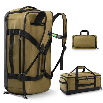 Haimont 60L Foldable Travel Duffel Backpack, Brown | Shoe Compartment, Stowable Straps, U-Shaped Opening, Water-Resistant Build - color: Brown