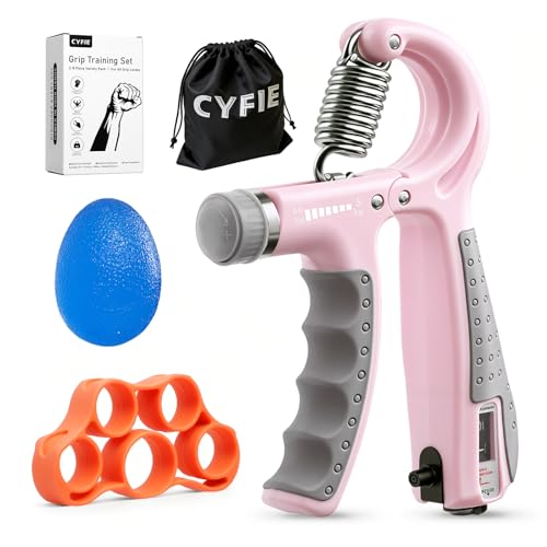 CYFIE Grip Strength Trainer Kit, Adjustable 10-132 lb, Hand Exerciser | Forearm Strengthener, Finger Stretcher, Stress Ball and Bag for Grip Recovery, Wrist Training, Rehab, Climbers and Musicians - color: Pink