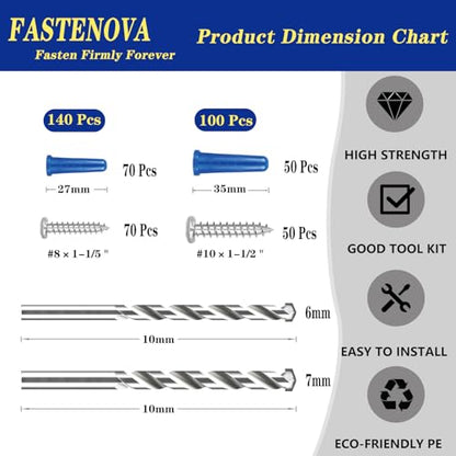 240Pcs Conical Concrete Anchors and 304 Stainless Steel Screws Assortment Kit,120 Concrete Wall Anchors+120 Screws, 2 Drill Bits, Suitable for Masonry, Stucco, Brick, Cement, Block and Tile