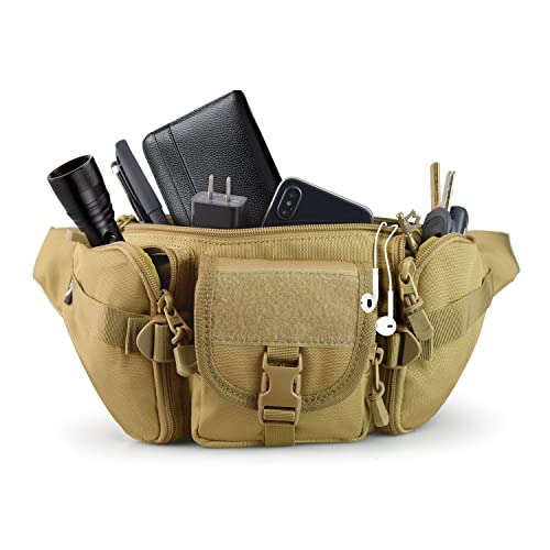 FRTKK Tactical Fanny Pack Military Waist Bag Pack with USA Flag Patch Utility Hip Pack with Adjustable Strap for Outdoors Fishing Cycling Camping Hiking Dog Walking (Tan) - color: Tan