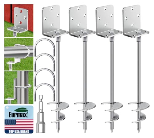 Eurmax USA 4 Pack Heavy Duty Ground Anchors, Rust-Proof L-Shaped Screw-in Spiral Ground Stakes for Trampoline, Shed, Swing Set & Carport,High Wind Resistant Metal Auger Anchors (Silver) - color: Silver, style: Side Head