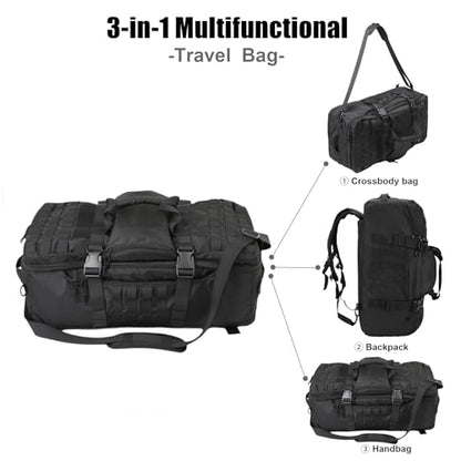 3 in 1 Tactical Travel Duffel Bag Backpack, Heavy Duty Gym Bag 45L,Black | Waterproof 600D nylon, internal collapsible dividers, weekend overnight travel, gym workout,military bag,(23x12x9)In - color: Black, size: 45L,(23x12x9)Inches
