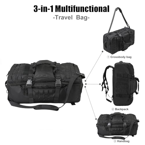 3 in 1 Tactical Travel Duffel Bag Backpack, Heavy Duty Military Gym Bag | Waterproof 600D nylon, internal collapsible dividers, weekend overnight travel, gym workout, camping luggage, 30L - color: Black, size: 30L,(19x10x8)Inches