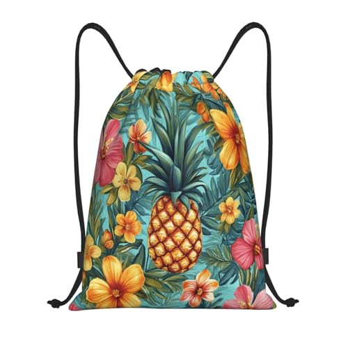 Drawstring Sports Backpacks - Lightweight Swim Gym Bags for Women Men String Sackpack for Beach Travel Yoga(Medium, Tropical Flowers Pineapple) - color: Tropical Flowers Pineapple, size: Medium