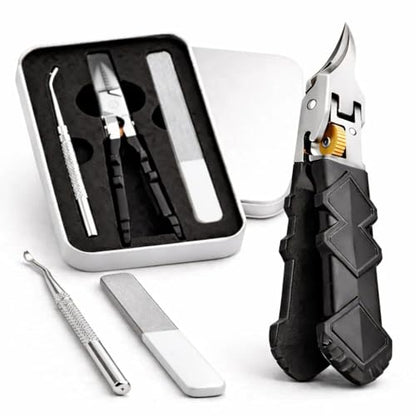 Pro Nail Clipper Set with Gear Lock Black Non Slip Handle Wide Jaw 180 Degree for Thick Nails Ingrown Toenail Clipper Ultra Sharp Stainless Steel Ergonomic Grip Safety Lock Travel Case