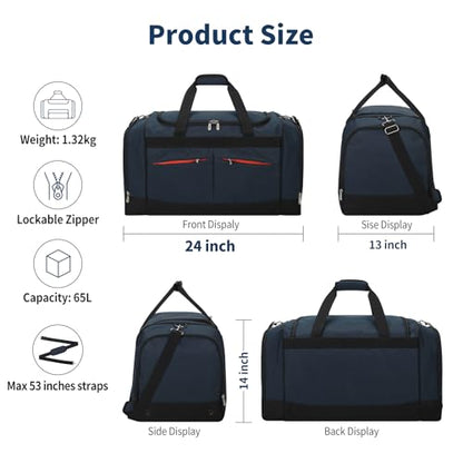 24 inch Large Gym Bag for Men - 65L Hard Bottom Duffle Bag with Shoes Compartment for Sport/Travel - Navy Blue - color: Navy Blue