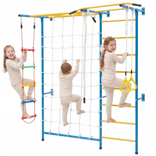 VEVOR Indoor Jungle Gym for Toddlers, 7-in-1 Climbing Playset with Carbon Steel Swedish Ladder, Wall Ladder, Pull-Up Bar, Rope Ladder, and Gymnastic Rings, Supports 220 lbs, Multicolor - style: 7-in-1