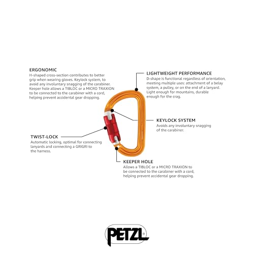 PETZL NEOX Rock Climbing Belay Device | With Cam-Assisted Blocking - color: Orange + Sm'D TWIST-LOCK