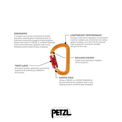 PETZL NEOX Rock Climbing Belay Device | With Cam-Assisted Blocking - color: Orange + Sm'D TWIST-LOCK