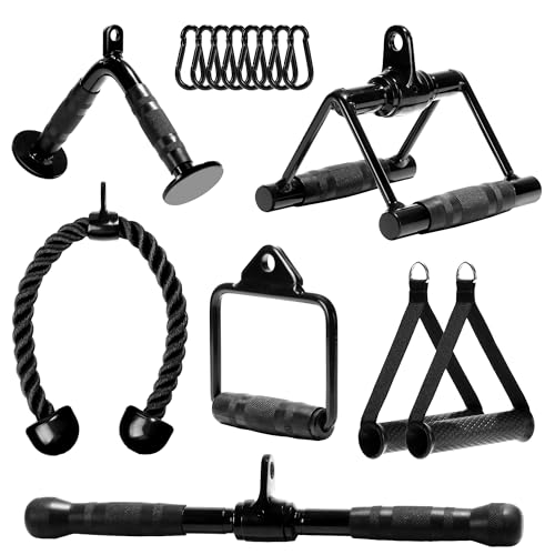 Yes4All Cable Machine Attachment, Row Handles, Tricep Rope, Straight Bar, V Bar, LAT Pulldown Accessories Load 880 LB for Home Gym - color: I.(Black) Cable Attachments Full Accessories Set