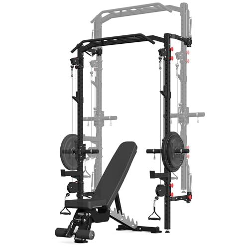 Wall Mounted Power Rack with Cable Crossover Machine, Foldable Squat Rack with Dual Pulley System, Pull Up Bar & J Hooks, 800 LB Capacity Space Saving Home Gym Strength Training Equipment