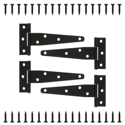 4 Pcs 6 Inch T Strap Hinges Heavy Duty, Shed Door Gate Hinges | 6 inch gate hinge black Heavy Duty Black Outdoor Tee Hinge for Wooden Fences,Barn Door Gates Hinge for Shed Door Hardware - size: 6 Inch
