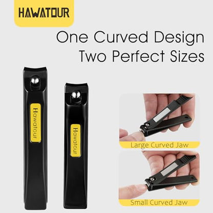 HAWATOUR Nail Clippers Set, Curved Stainless Steel Blade, Black | Professional Fingernail & Toenail Clippers, Compact Tin Case