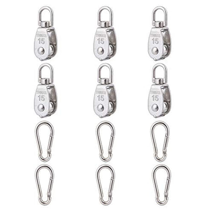 6Pcs 304 Stainless Steel M15 Single Pulley Block, Wire Rope Hanging Wire Towing Wheel, with 6Pcs Spring Snap Hook | 360° anti-twist swivel pulley. For lifting, towing & hanging wire rope on crane/outdoor. Has spring snap hooks for fast fit - size: M15-6pc