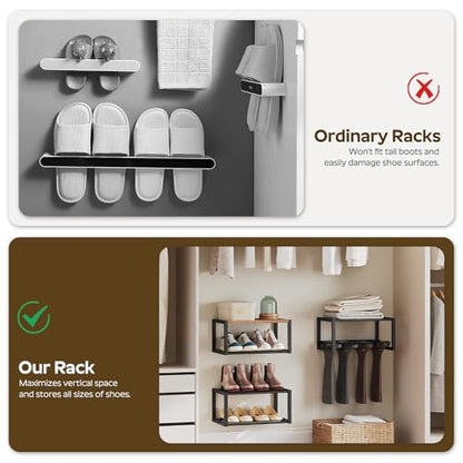 YATINEY Wall Mounted Shoe Rack, Shoe Organizer for Wall, 3 Pack Floating Shoe Shelf, Hanging Metal Shoe Storage, Holds 6-12 Pairs, 6-Tier Space Saving for Entryway, Rustic Brown and Black SS01BR
