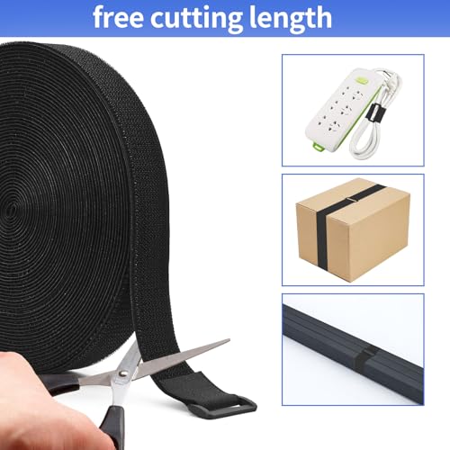 1.5In x 20Ft Cinch Straps Nylon Heavy Duty with 25 Buckles, Cut to Length, Black Hook and Loop Straps, Reusable Long Cable Ties for Storage and Cord Organizer - size: 1.5In x20Ft Black
