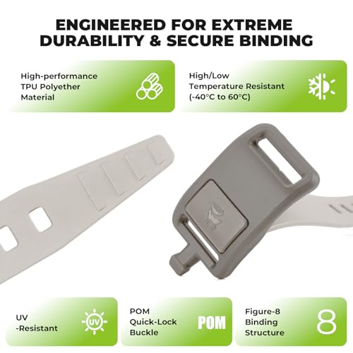 2-Pack Stiff TPU Utility Straps, 80kgf for Bike Moto Ski | 8-Figure Lock, 360° Wrap, Rigid TPU,-40~140°F, Connectable, Grey - color: Olive green