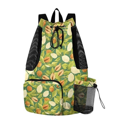 Yuiboo Cute Green Leafs Nuts Drawstring Gym Bags Climbing Gym Bag with Inside Pockets Cinch Back Sack Waterproof
