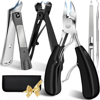 Toenail Clippers for Thick Nails for Seniors, 5Pcs Ingrown Toenail Removal Kit, Angled Head Large Toenails Clippers for Men, Heavy Duty Nail Clipper, Slanted Nail Clipper with Long Handle (Black) - size: 5Pcs Nail Clippers Set-black