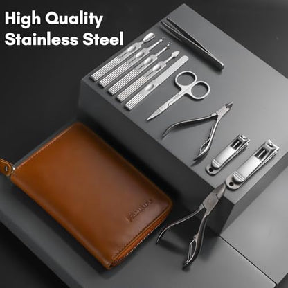 FAMILIFE Manicure Set, 11 in 1 Professional Manicure Kit Nail Clippers Set, Stainless Steel Pedicure Tools Toe Nail Kit, Men Grooming Tool with Portable Brown Leather Travel Case Gifts for Men Women - color: Brown