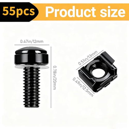 110 Pcs/55 Set Rack Mount Screws and Cage Nuts for Rack Mount Server Cabinet, Black Carbon Steel Rack Screws and Cage Nuts with Washers, M6 x 20 mm for Server Racks, Shelves, Cabinets - color: black
