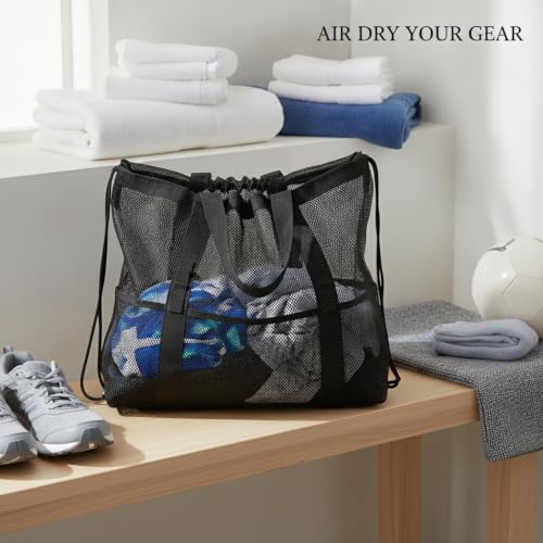 Mesh Drawstring Gym Bag, Breathable Nylon Storage for Wet Gear and Sports Equipment, 17 x 15 Inch (1 PC) - color: Black