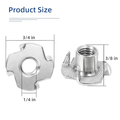 1/4"-20 T-Nuts, 304 Stainless Steel 4 Pronged Tee Nuts, Four-jaw Threaded Inserts for Rock Climbing Holds, Furniture, Cabinetry, Woodworking, Silver, 25 PCS - size: 1/4"-20