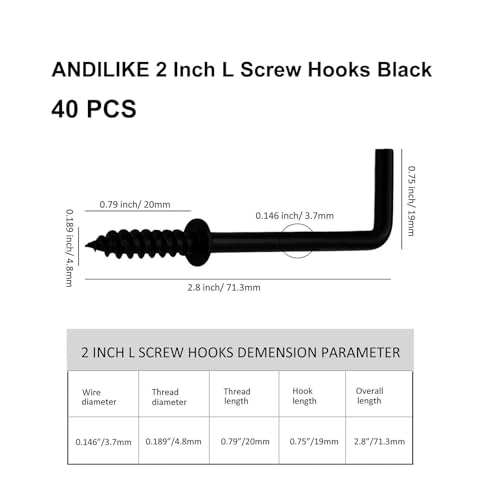 40 PCS 2 Inch Screw in L Shaped Hooks, Black 7 Shaped Right Angle Screw Hooks for Hanging Lamp,Plants,Decorations,kitchenware and DIY Crafts - size: 2inch 40pcs