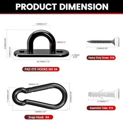 sprookber 304 Stainless Steel Pad Eye Snap Hooks, M5 Heavy Duty Ceiling Hooks, 500 lb Capacity Hammock Swing Hanging kit, Plant Hangers, Marine Hardware Staple Hook Loop with Screws, Set of 8(Black) - size: 2 Inch, style: Black Oval