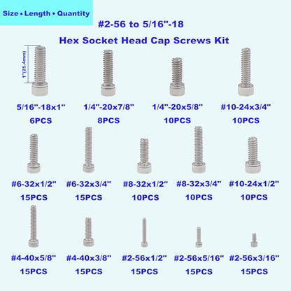 #2-56 to 5/16"-18 UNC Stainless Steel Knurled Socket Cap Screw Kit | 14 Sizes, #2-56 #4-40 #6-32 #8-32 #10-24 1/4"-20 5/16"-18 UNC 304 SS Hex Drive Full Thread Cap Screws Assortment w/ Box