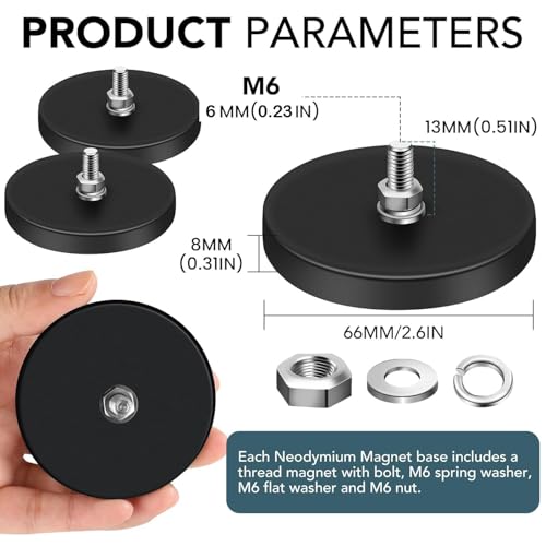 DIYMAG Rubber Coated Neodymium Magnets 2.6in 65lbs 12pcs | Anti-Scratch Black Rubber Coating, with M6 Threaded Studs Nuts, Strong Holding Power, for Light Bar, Mirror, Camera Mounting - size: M6-65LB-2.59in