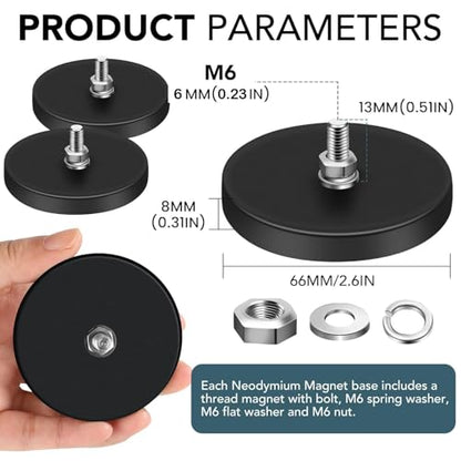 DIYMAG Rubber Coated Neodymium Magnets 2.6in 65lbs 12pcs | Anti-Scratch Black Rubber Coating, with M6 Threaded Studs Nuts, Strong Holding Power, for Light Bar, Mirror, Camera Mounting - size: M6-65LB-2.59in
