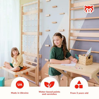 WoodandHearts 5in1 Modular Swedish Wall Gym Set for Kids Sensory Development – Swedish Ladder with Adjustable Pull-Up Bar, Rope Climbing Wall & Rock Climbing Panels (Base Set+Sorter Desk+Sit-Up Bar) - style: Base Set + 2-in-1 Sorter Desk + Sit-Up Bar