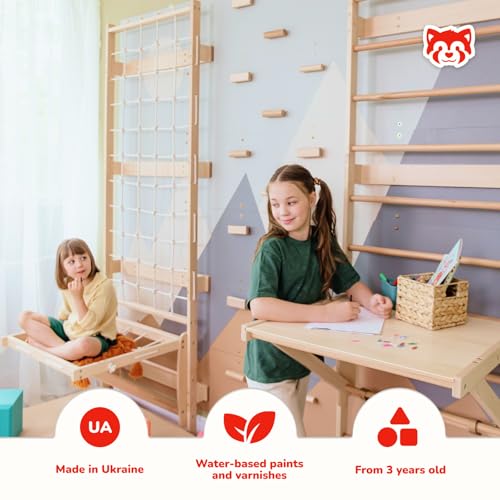 WoodandHearts 5in1 Modular Swedish Wall Gym Set for Kids Sensory Development – Swedish Ladder with Adjustable Pull-Up Bar, Rope Climbing Wall & Rock Climbing Panels (Base Set+Sorter Desk+Sit-Up Bar) - style: Base Set + 2-in-1 Sorter Desk + Sit-Up Bar