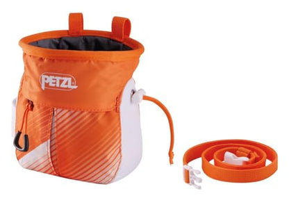 Petzl SAKAPOCHE Rock Climbing Chalk Bag | Ergonomic Chalk Pouch with Zippered Pocket for Gym, Sport, & Trad Climbing - color: Orange/White + 200g Powder Crunch Chalk