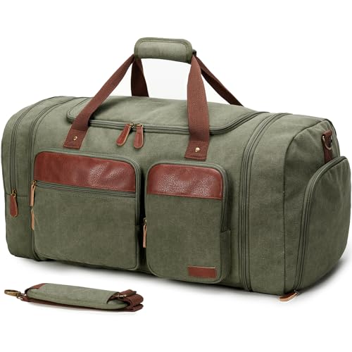 Canvas Duffle Bag for Travel 65L Expandable, Army Green | Travel Duffel Bags for Men Women, Overnight Weekend Gym Bag with Shoes Compartment - color: Army Green, size: Extra Large 65 L