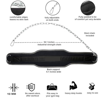 Gym Dip Belt for Weight lifting with Steel Chain (Free Size) | Heavy Duty Steel Chain Dip Belt | Gym Belt for Weightlifting |