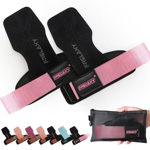 Frelaxy Lifting Wrist Straps for Women and Men, Weight Lifting Grips | Double-layer leather, Cushioned wrist support, Durable construction, Storage pouch, Deadlifts, rows, lat pulldowns - color: Flamingo