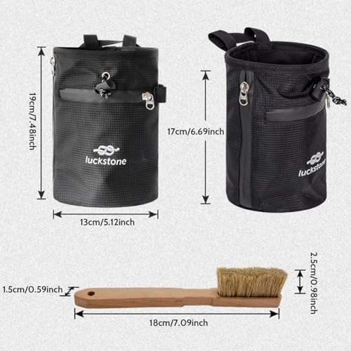 Climbing Chalk Bag 5x7.5 Fleece-Lined Waterproof 420D Oxford Chalk Bag with 24-43" Waist, Drawstring, Brush & Zipper Pockets for Men Women for Rock Climbing
