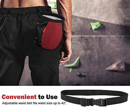 Rhino Valley Climbing Chalk Bag, No Leak Drawstring Chalk Bag with Adjustable Belt, Carabiner Clip and Zippered Pockets Chalk Bag for Rock Climbing, Cross Fit, Weight Lifting & More - color: Black/Red