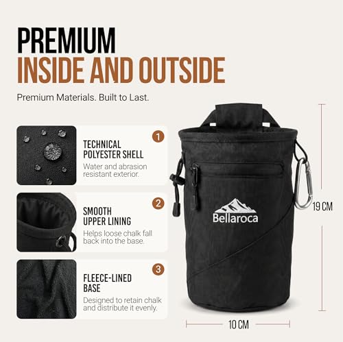 BELLAROCA® Climbing Chalk Bag with Waist Belt and Carabiner – Rigid Rim, Fleece Lining and Anti-Spill Drawstring Chalk Pouch for Rock Climbing and Bouldering