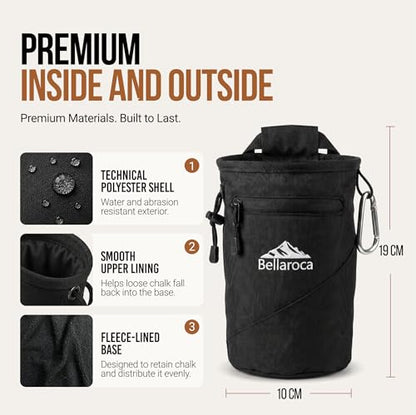 BELLAROCA® Climbing Chalk Bag with Waist Belt and Carabiner – Rigid Rim, Fleece Lining and Anti-Spill Drawstring Chalk Pouch for Rock Climbing and Bouldering