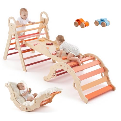 VEVOR Pikler Triangle Set, 9-in-1 Toddler Climbing Toys Indoor, with 2 Wooden Cars, Cushion, Triangle, Arch, and Ramp, 150 lbs Load, Foldable Montessori Climbing Set for Toddlers and Kids, Orange - color: Orange